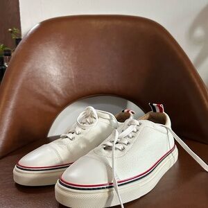 Thom Browne White Leather Sneakers with Red and Blue Accents
